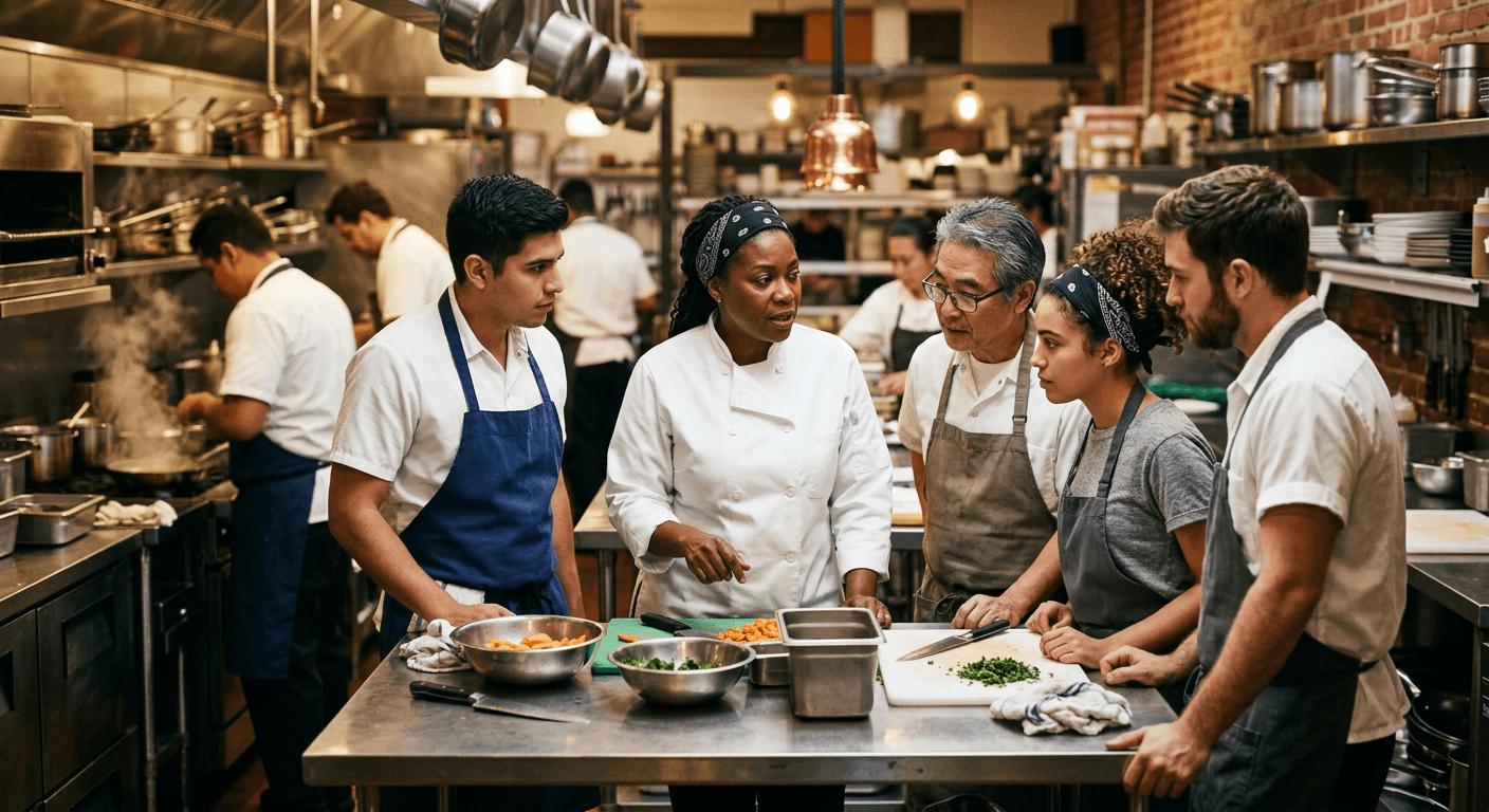 kitchen staff working in restaurant kitchen